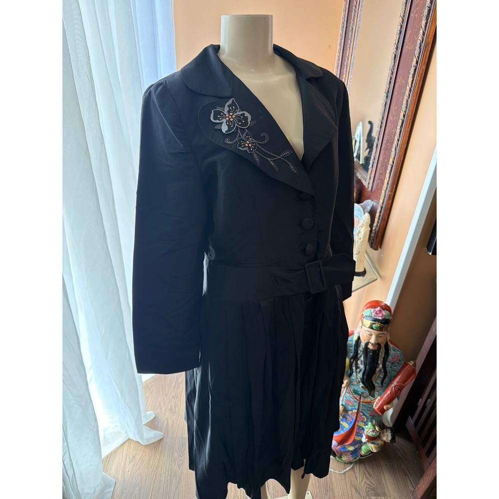 Vintage Style Black Embroidered Floral Fit & Flare Belted Coat Dress Eveningwear